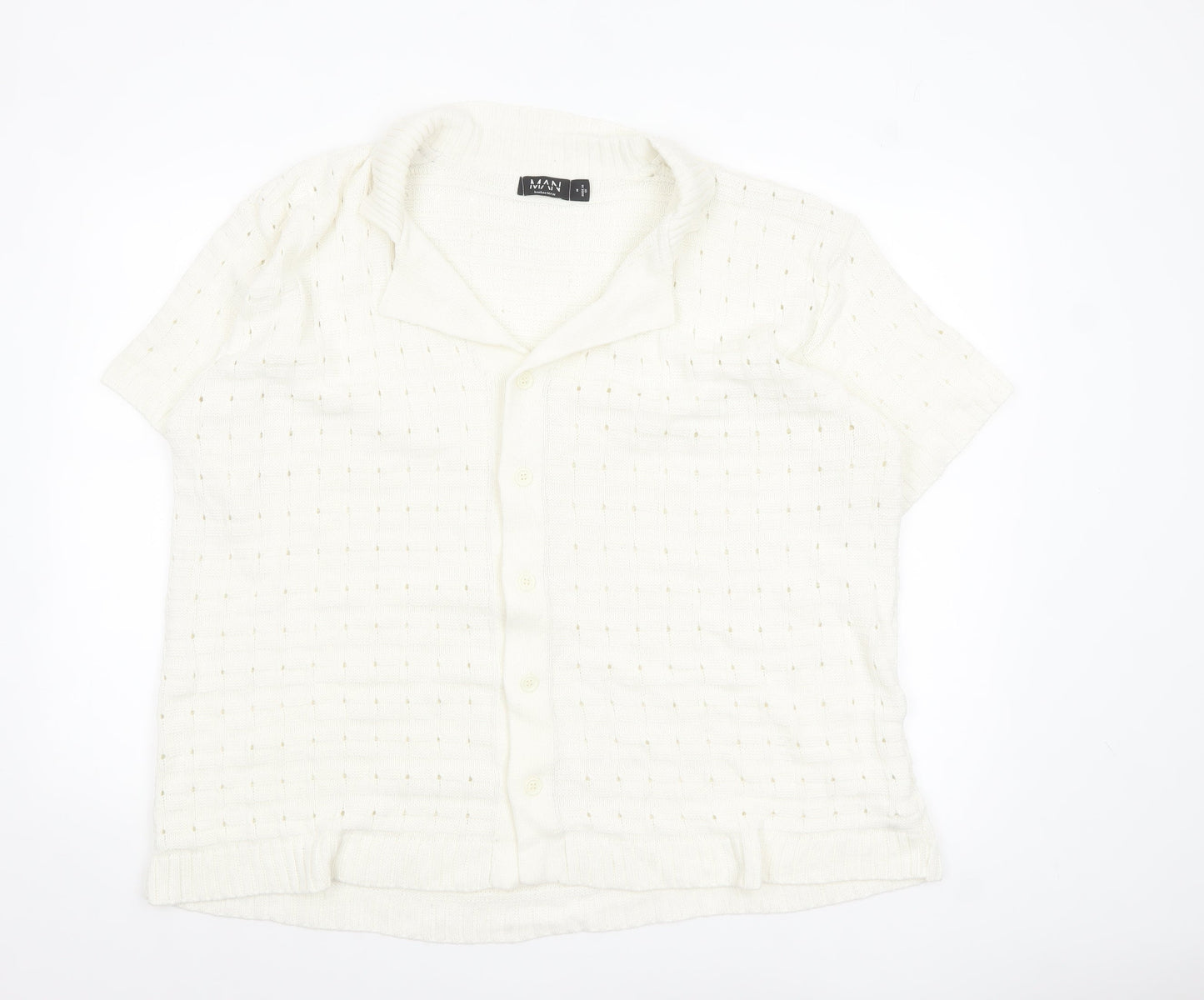 boohooMAN Men’s Ivory Short Sleeve Collared Knit Cardigan M