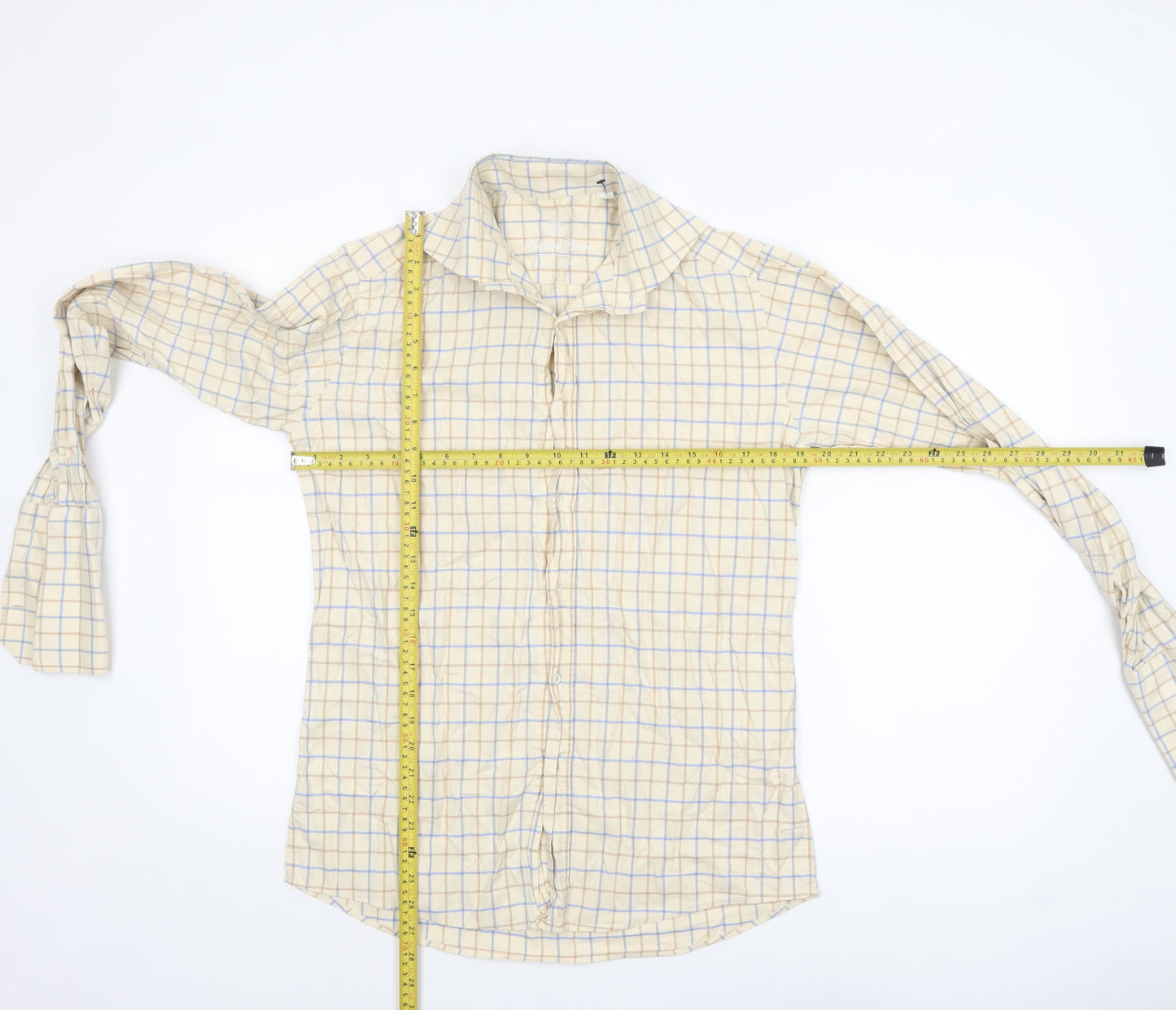Gresham Blake Men's Beige Check Long Sleeve Cotton Shirt Size 15