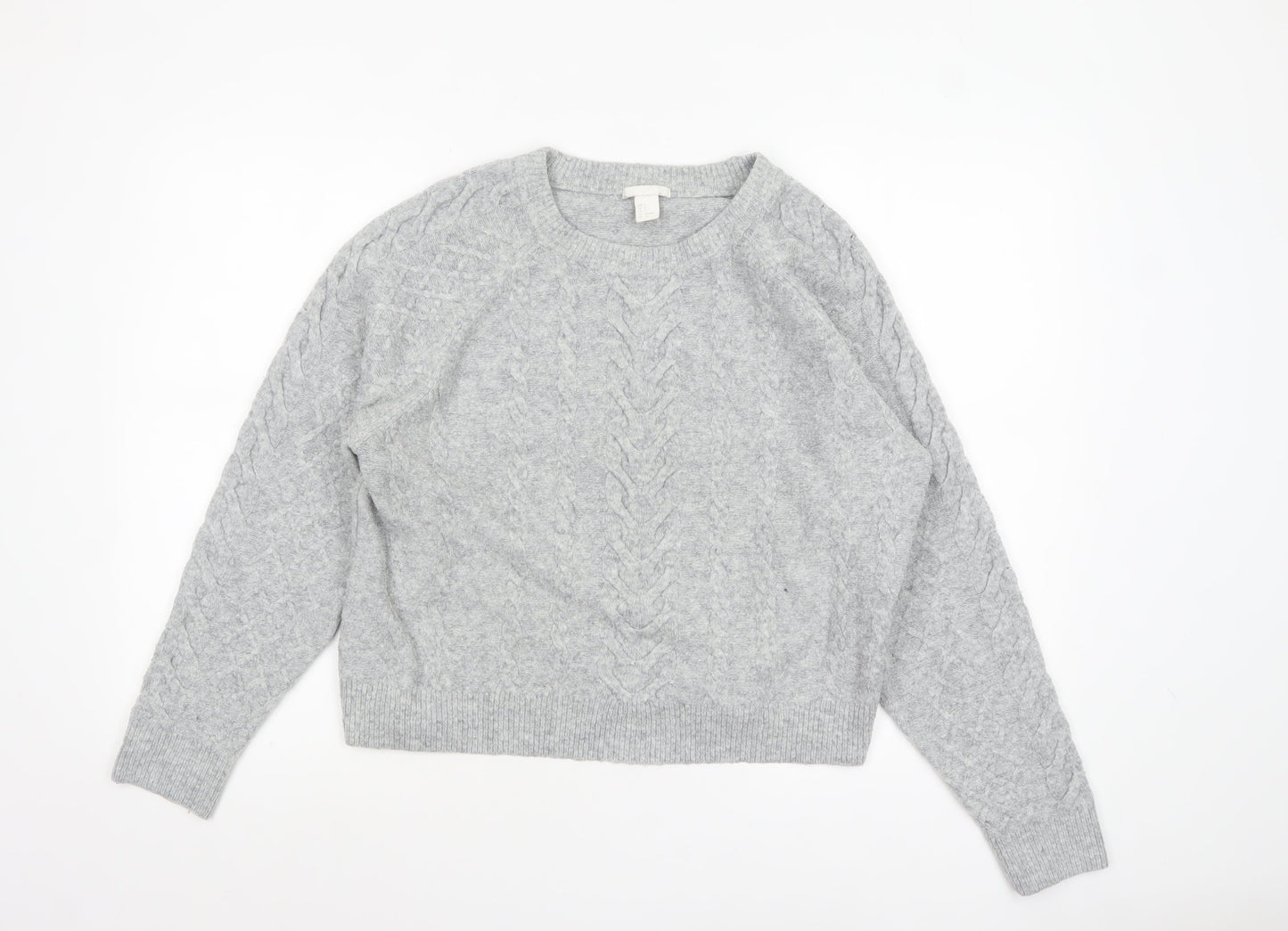 H&M Women Grey Cable-Knit Crew Neck Wool Blend Jumper Size S