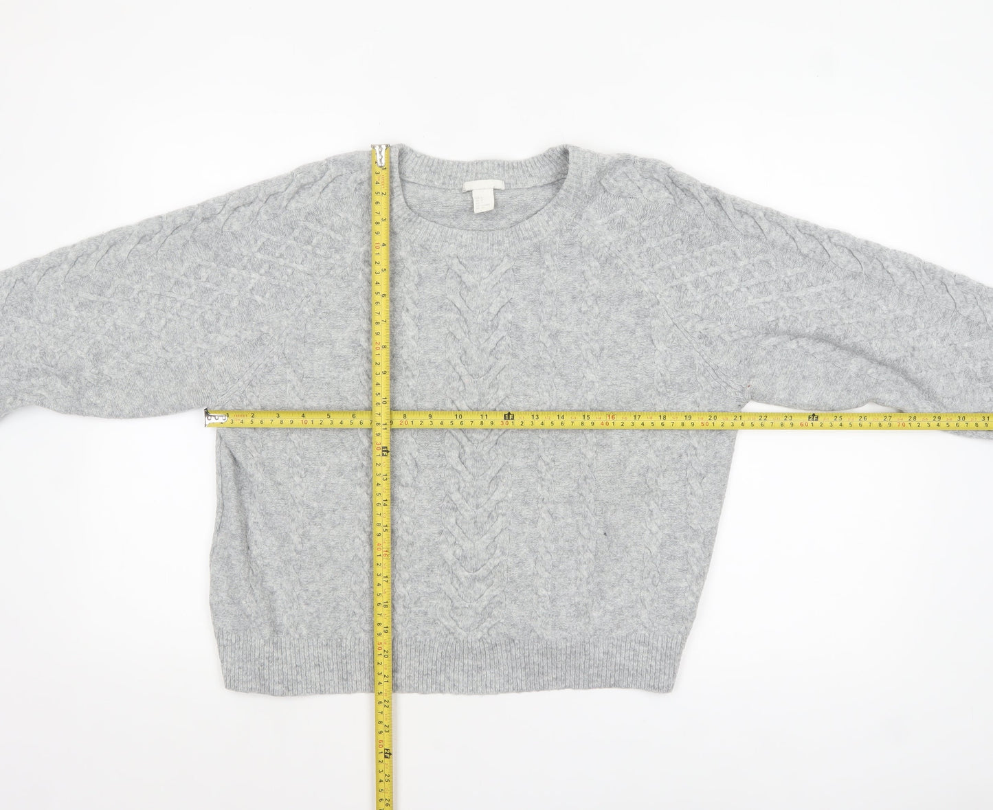 H&M Women Grey Cable-Knit Crew Neck Wool Blend Jumper Size S