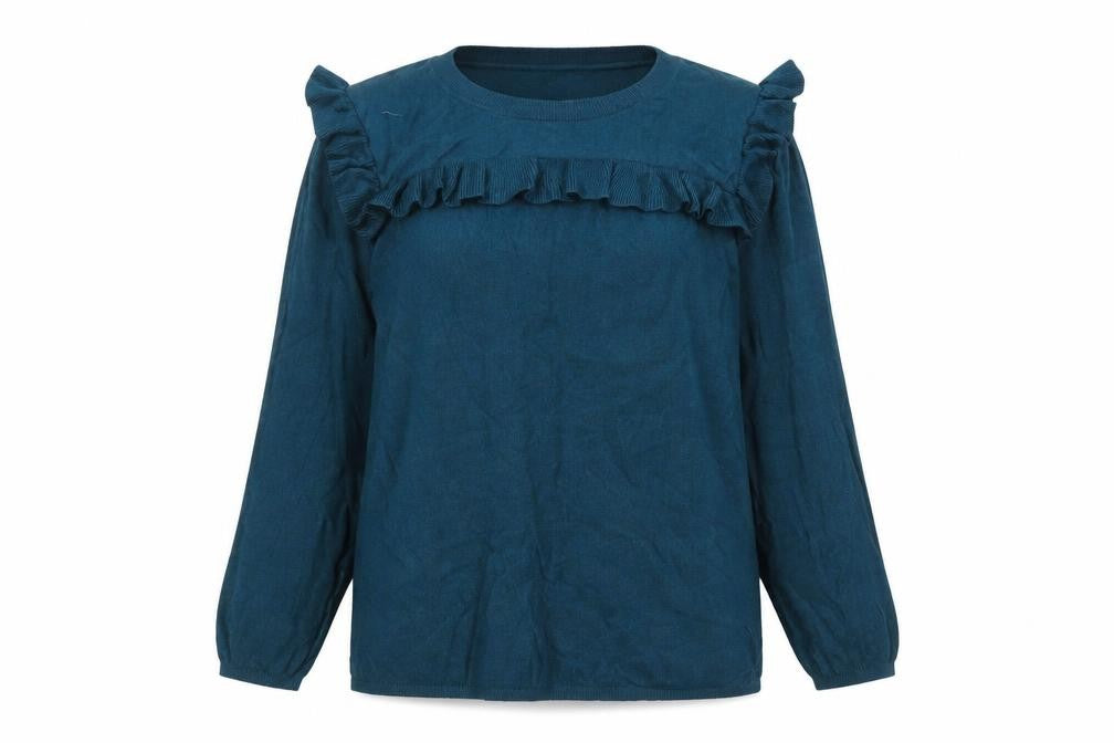 Fat Face Women's Blue Ruffle Crew Neck Long Sleeve Jumper Size 14