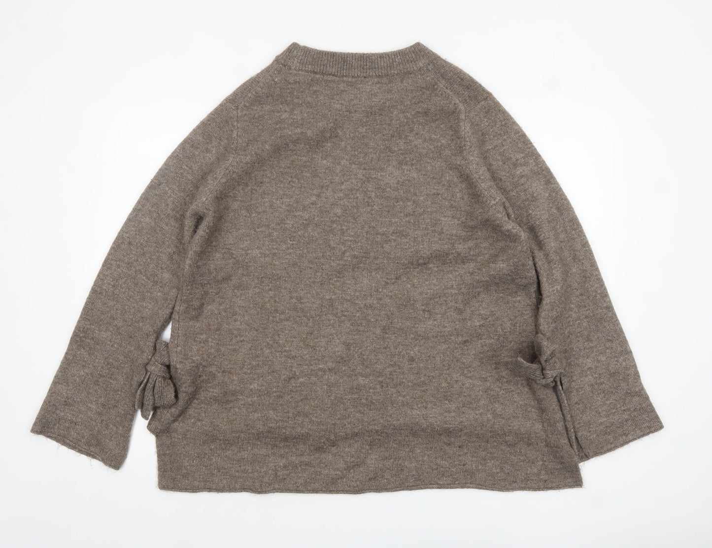 Zara Women Beige Knit Pullover Jumper Size 8 Crew Neck Bow Detail