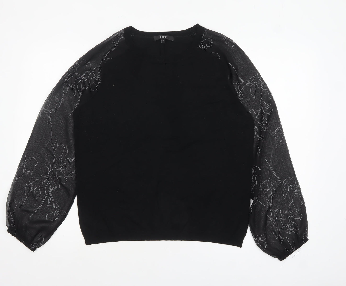 Next Womens Black Floral Sheer Puff Sleeve Pullover Jumper Size 16