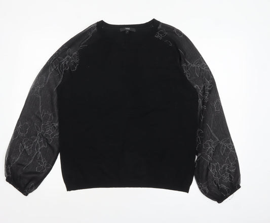 Next Womens Black Floral Sheer Puff Sleeve Pullover Jumper Size 16