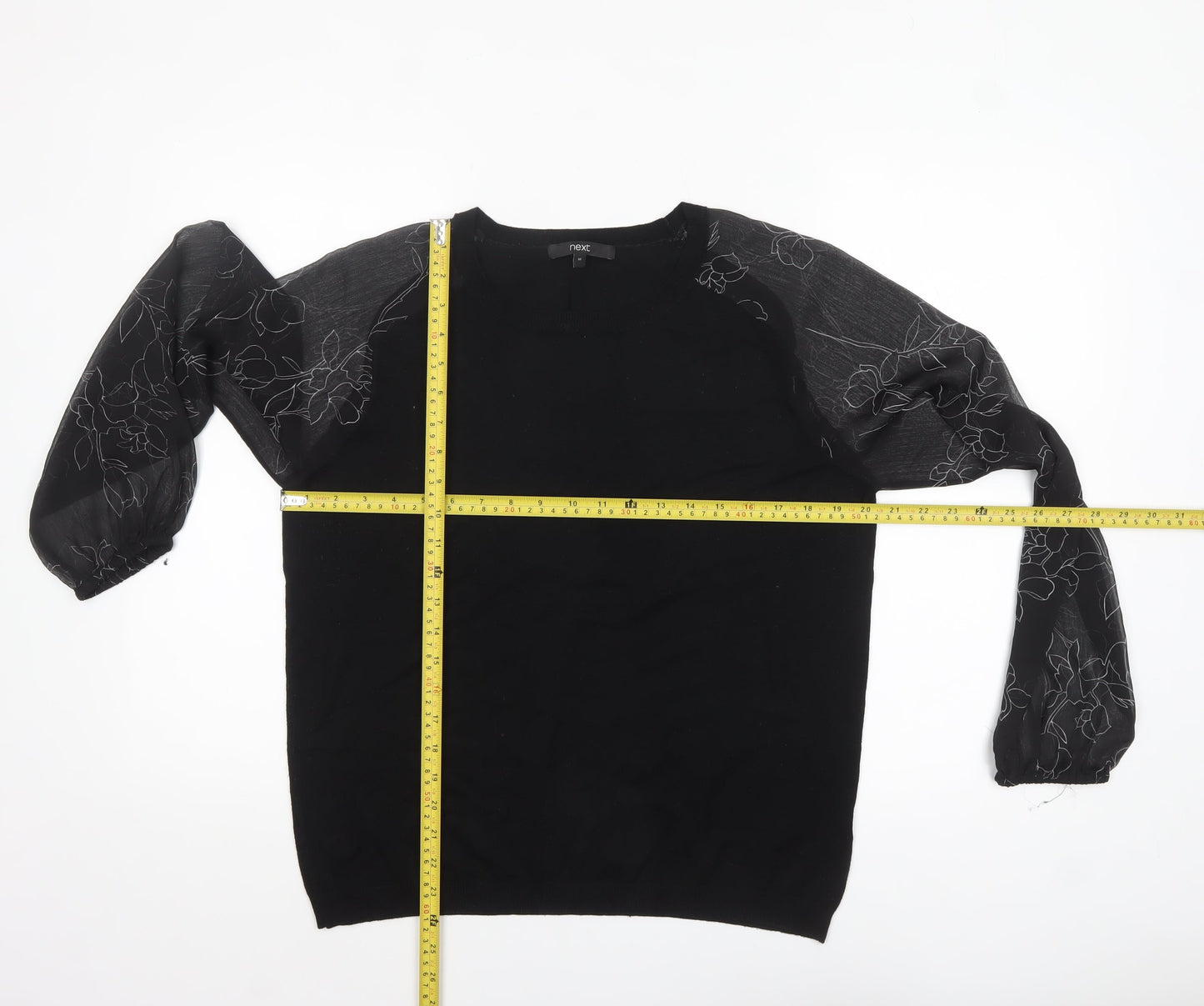 Next Womens Black Floral Sheer Puff Sleeve Pullover Jumper Size 16
