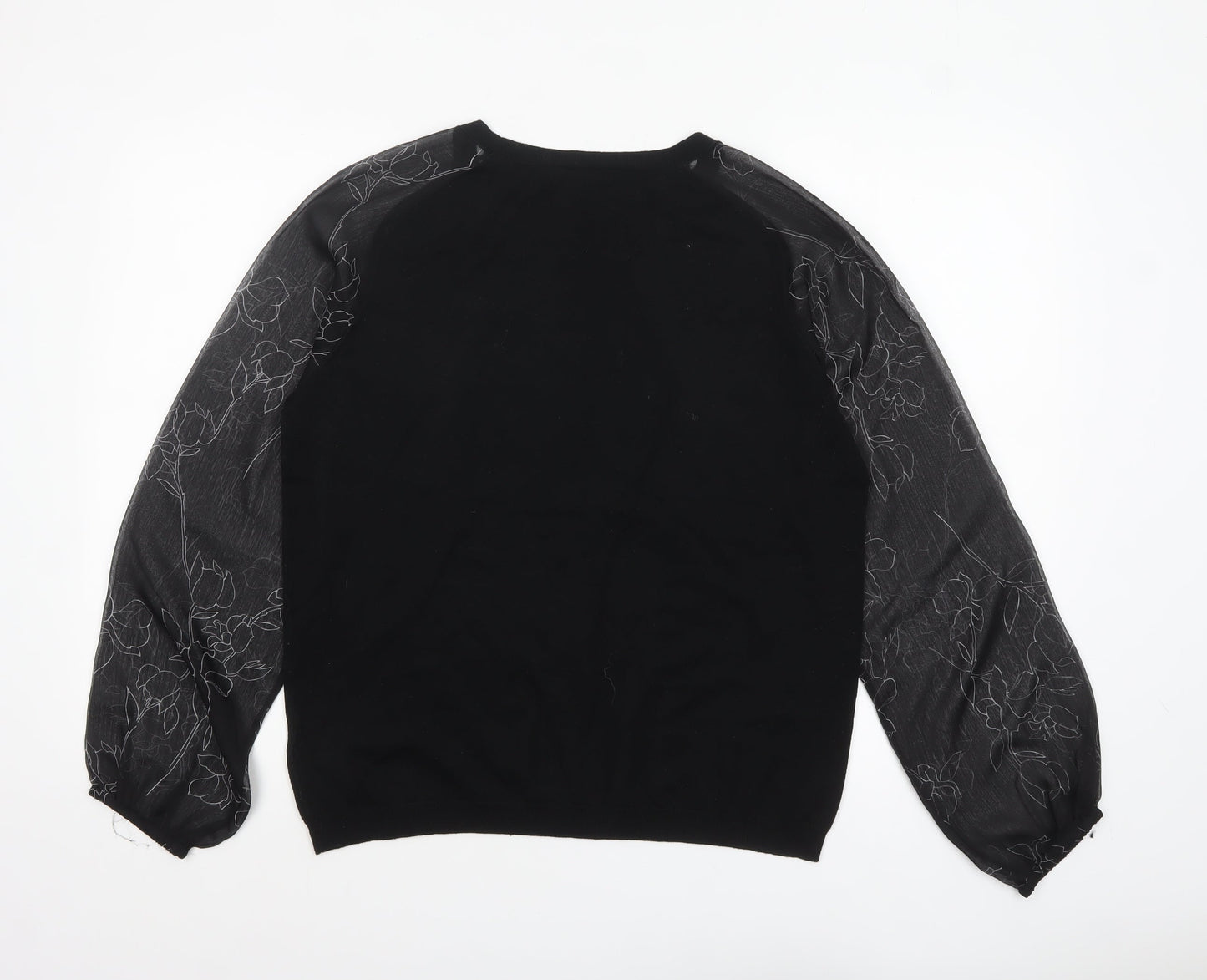 Next Womens Black Floral Sheer Puff Sleeve Pullover Jumper Size 16