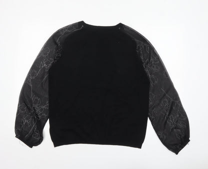 Next Womens Black Floral Sheer Puff Sleeve Pullover Jumper Size 16