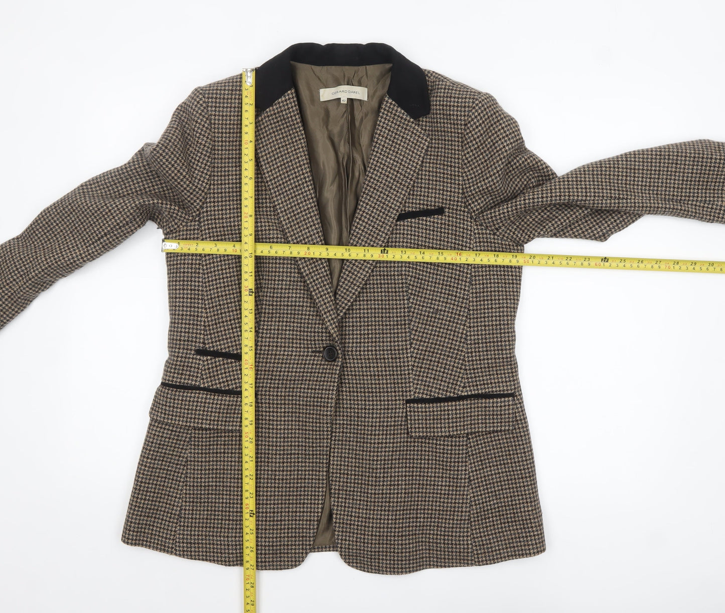 Gerard Darel Women Brown Houndstooth Wool Blend Single-Breasted Blazer UK 14