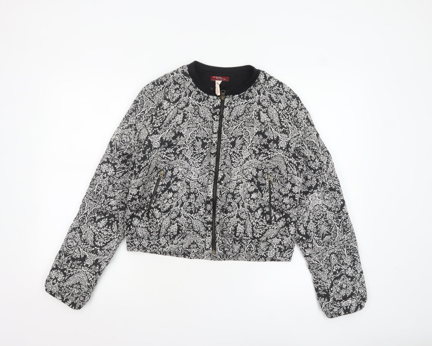 Bershka Women's Black Floral Bomber Jacket L Cropped Zip Casual