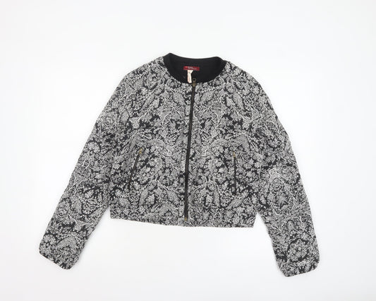 Bershka Women's Black Floral Bomber Jacket L Cropped Zip Casual