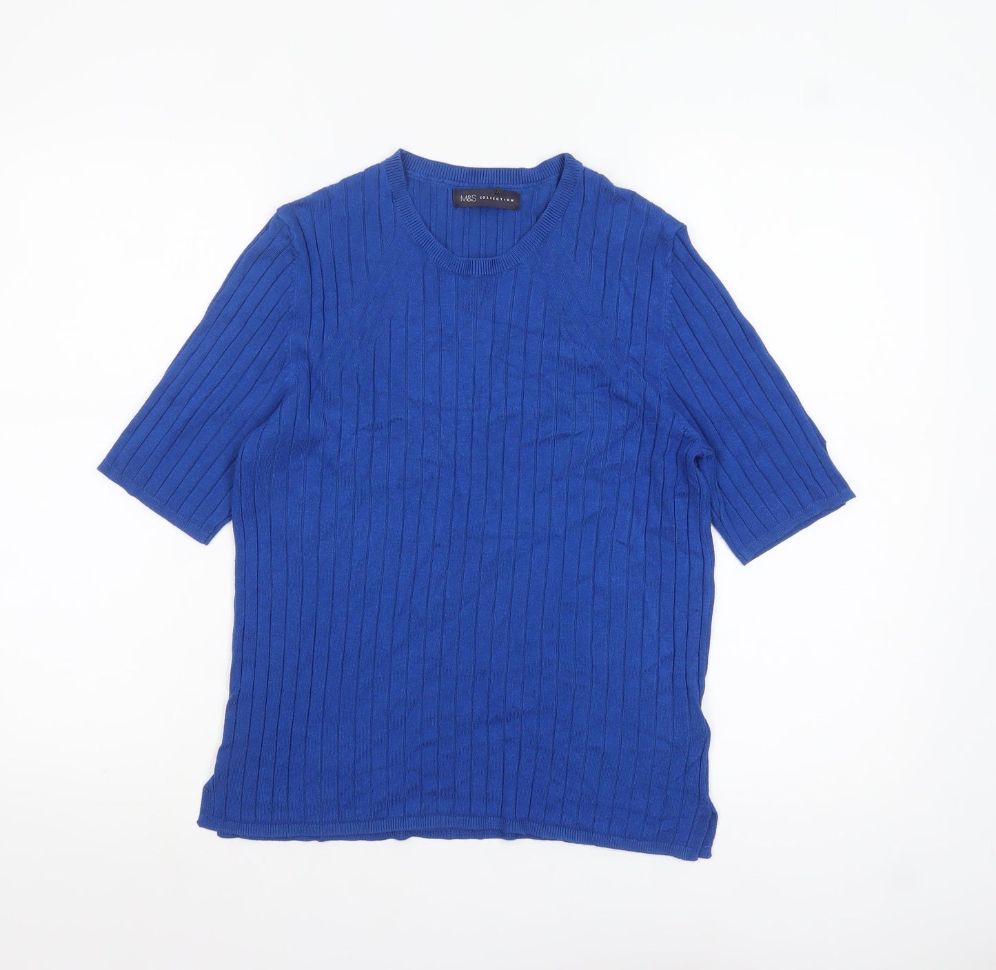 Marks and Spencer Women Blue Size 16 Ribbed Knit Short Sleeve Jumper
