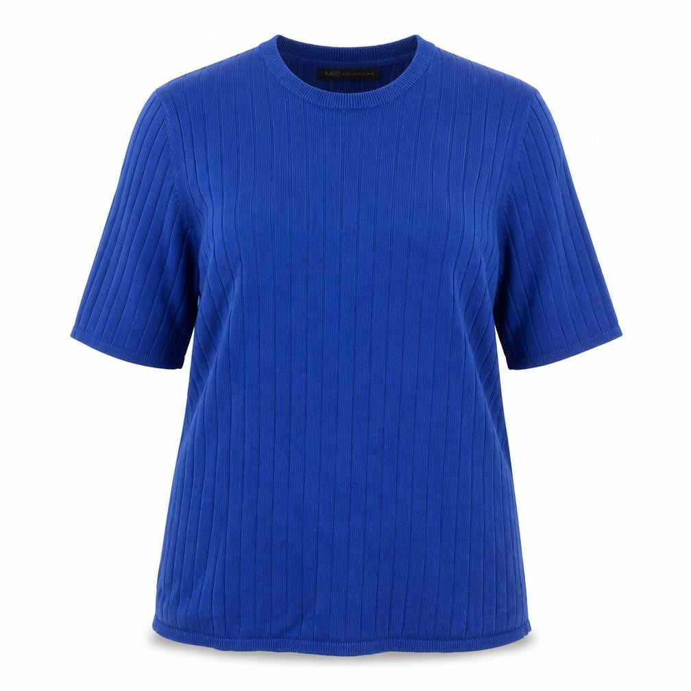 Marks & Spencer Women Blue Size 16 Ribbed Knit Short Sleeve Jumper