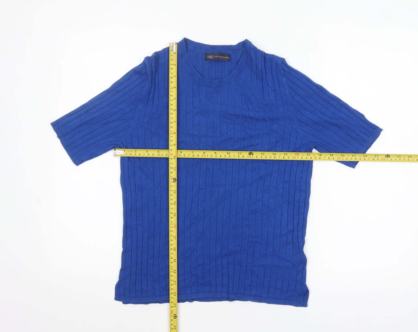 Marks and Spencer Women Blue Size 16 Ribbed Knit Short Sleeve Jumper
