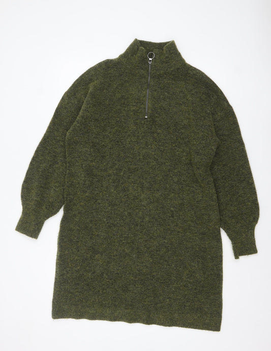 Fransa Women Green Wool Blend 1/2 Zip Long Sleeve Jumper Dress M