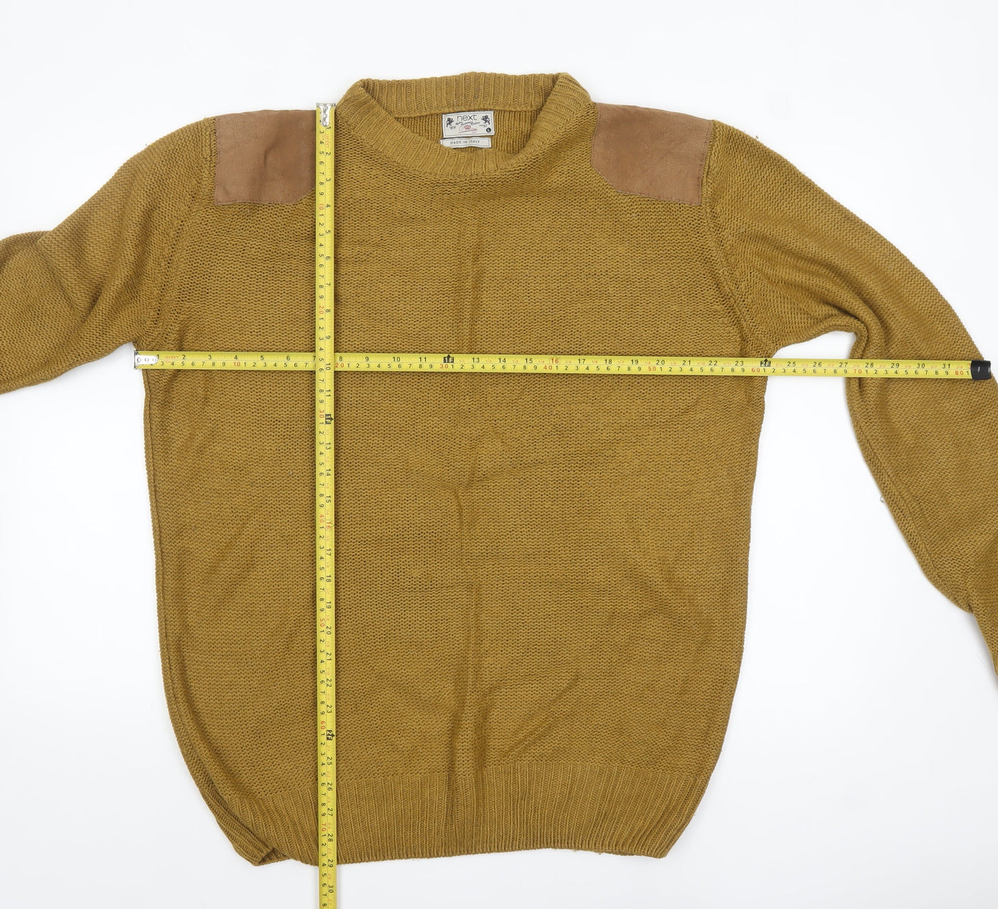 Next Men's Brown Wool Pullover Jumper L Chunky Knit Elbow Patches