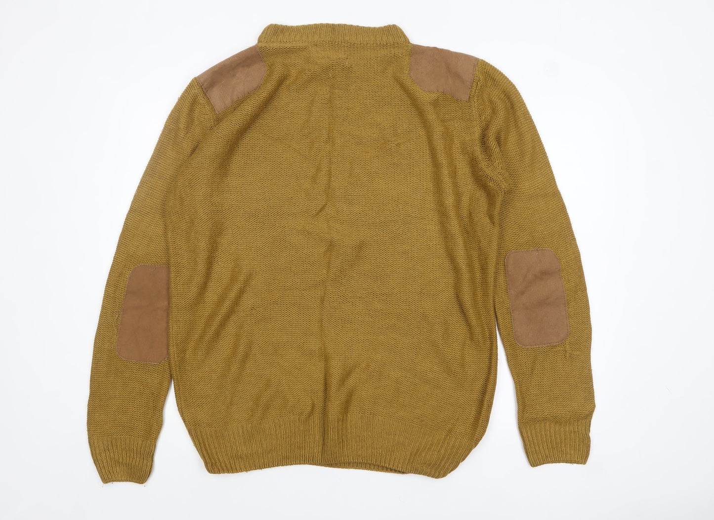 Next Men's Brown Wool Pullover Jumper L Chunky Knit Elbow Patches