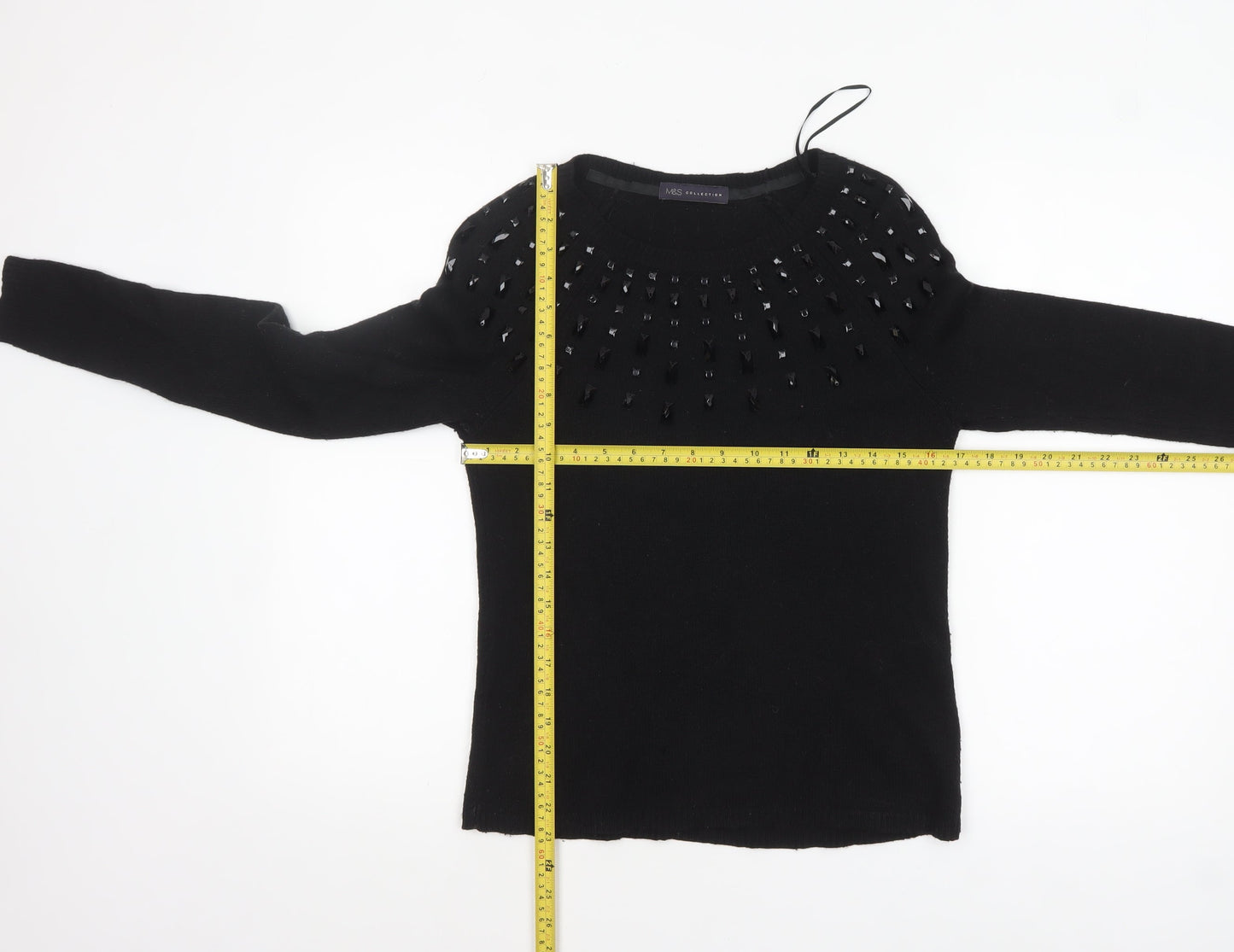 Marks and Spencer Women Black Size 10 Beaded Crew Neck Pullover Jumper