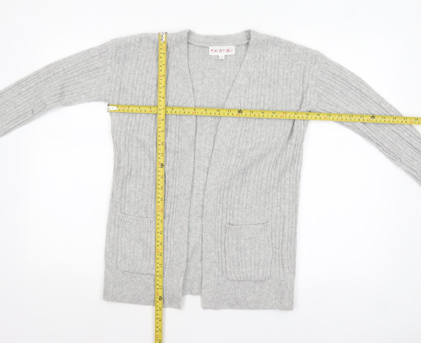 Pink Republic Womens Grey L Ribbed Knit Open Cardigan Jumper