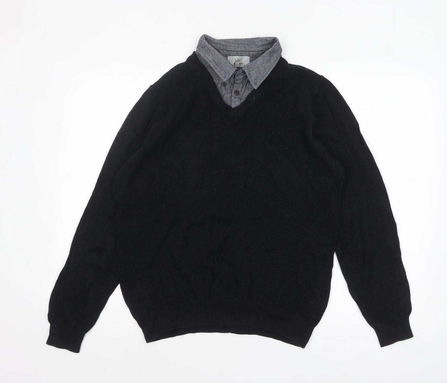 Marks and Spencer Men's Black Cotton V-Neck Jumper M