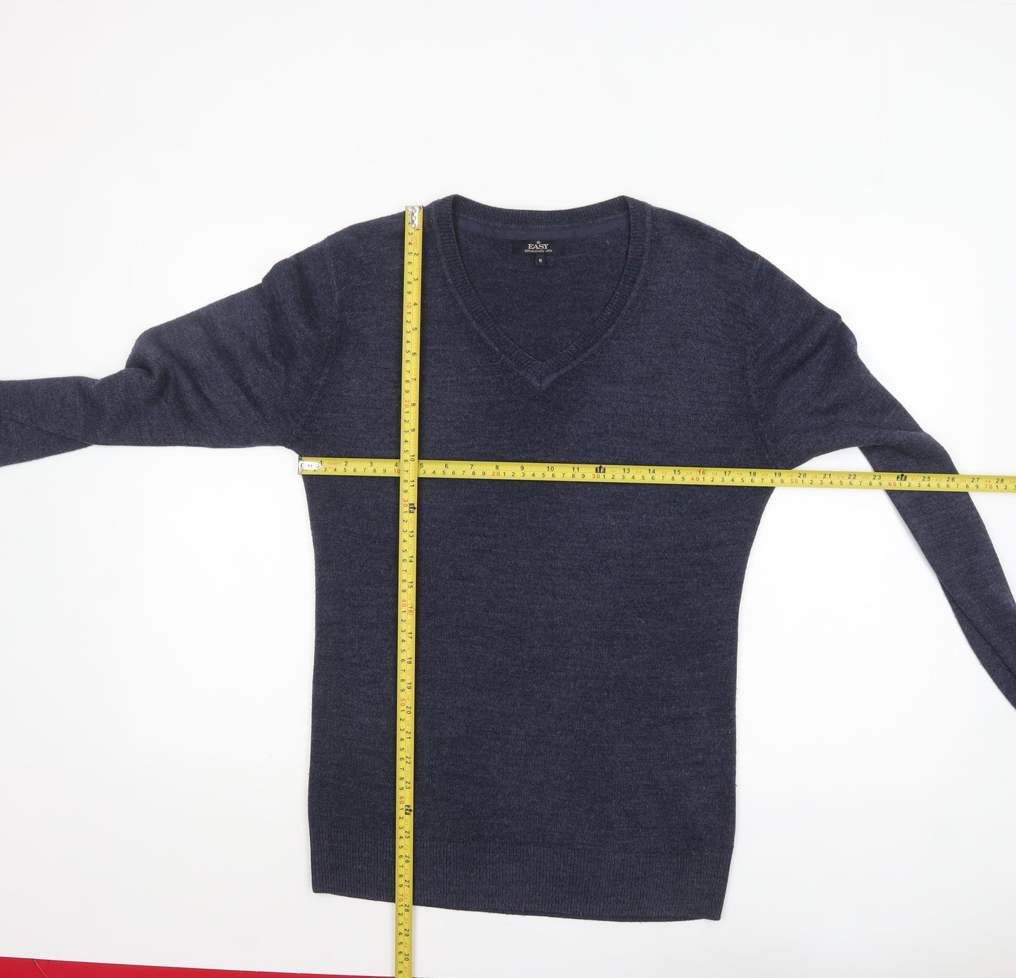 Easy Men's Blue V-Neck Acrylic Pullover Jumper Size S