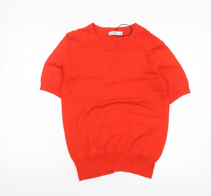 Zara Women Red Knit Short Sleeve Crew Neck Pullover Jumper Size 12
