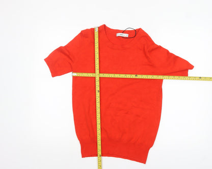 Zara Women Red Knit Short Sleeve Crew Neck Pullover Jumper Size 12