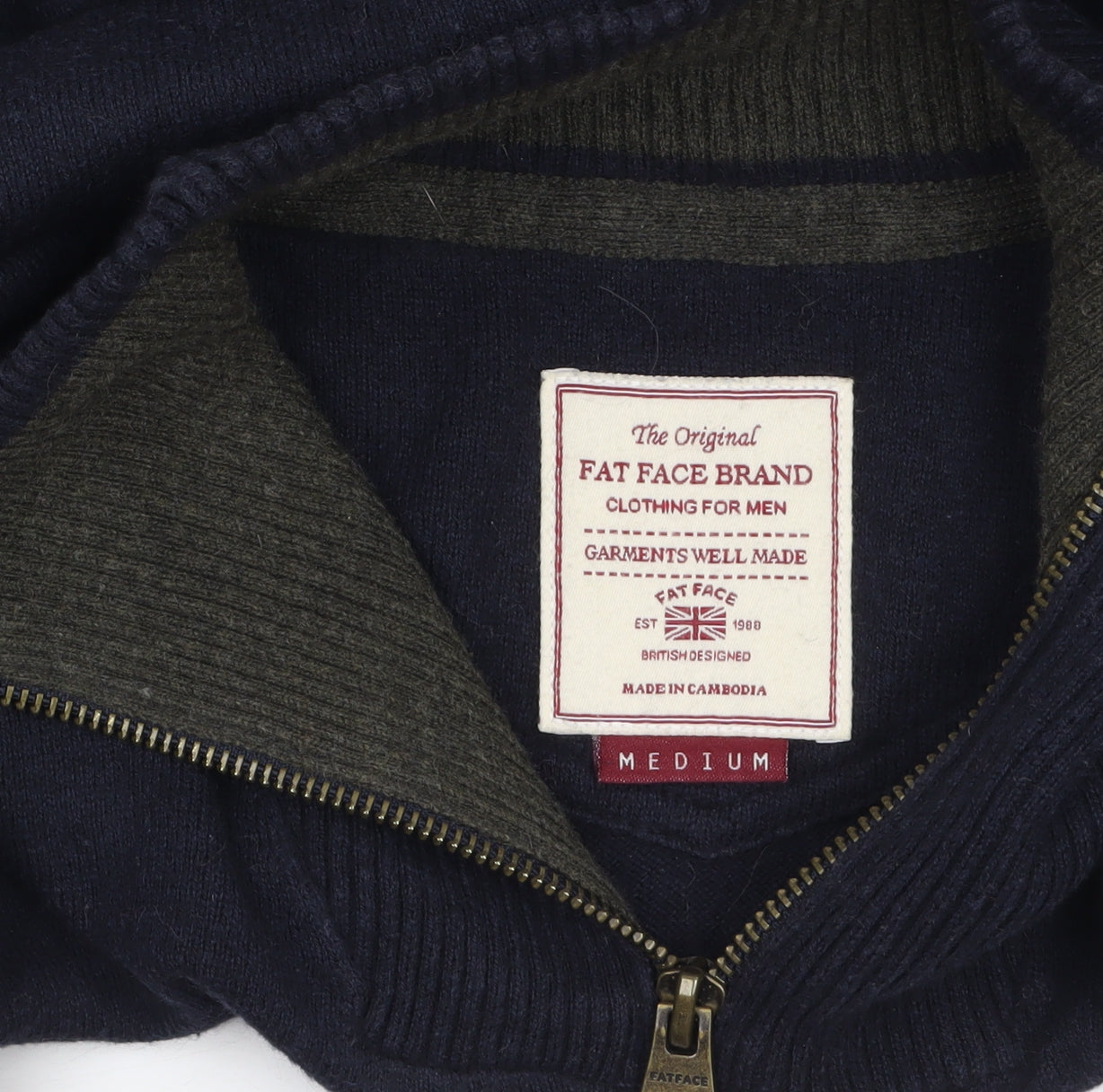 Fat Face Men's Blue 1/4 Zip High Neck Cotton Wool Jumper Size M