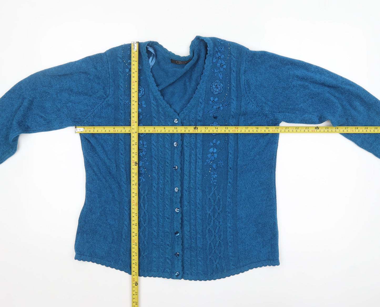 Bm Womens Blue V-Neck Embroidered Cardigan Jumper Size M