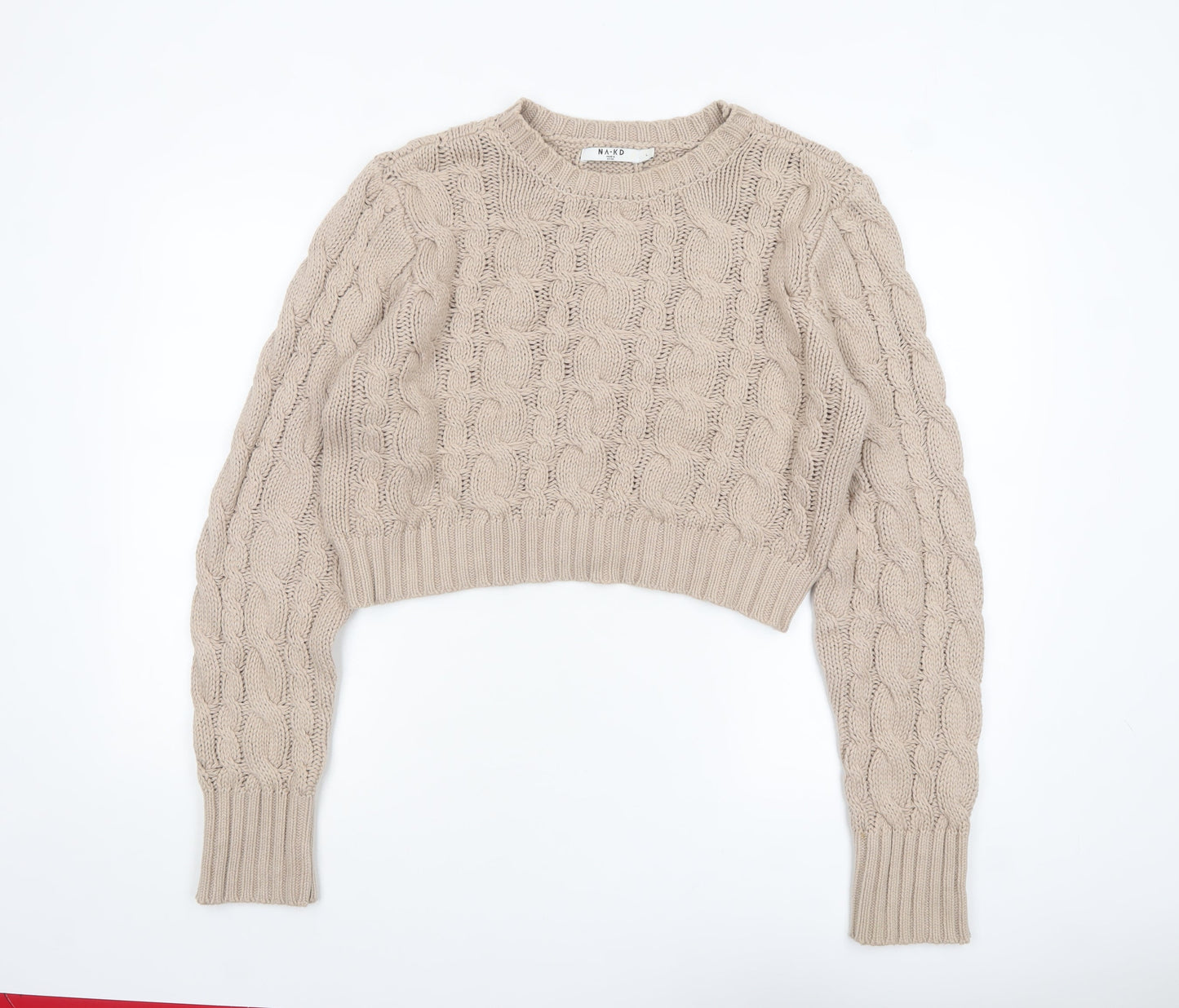NA-KD Women Beige Cable-Knit Cotton Blend Jumper L