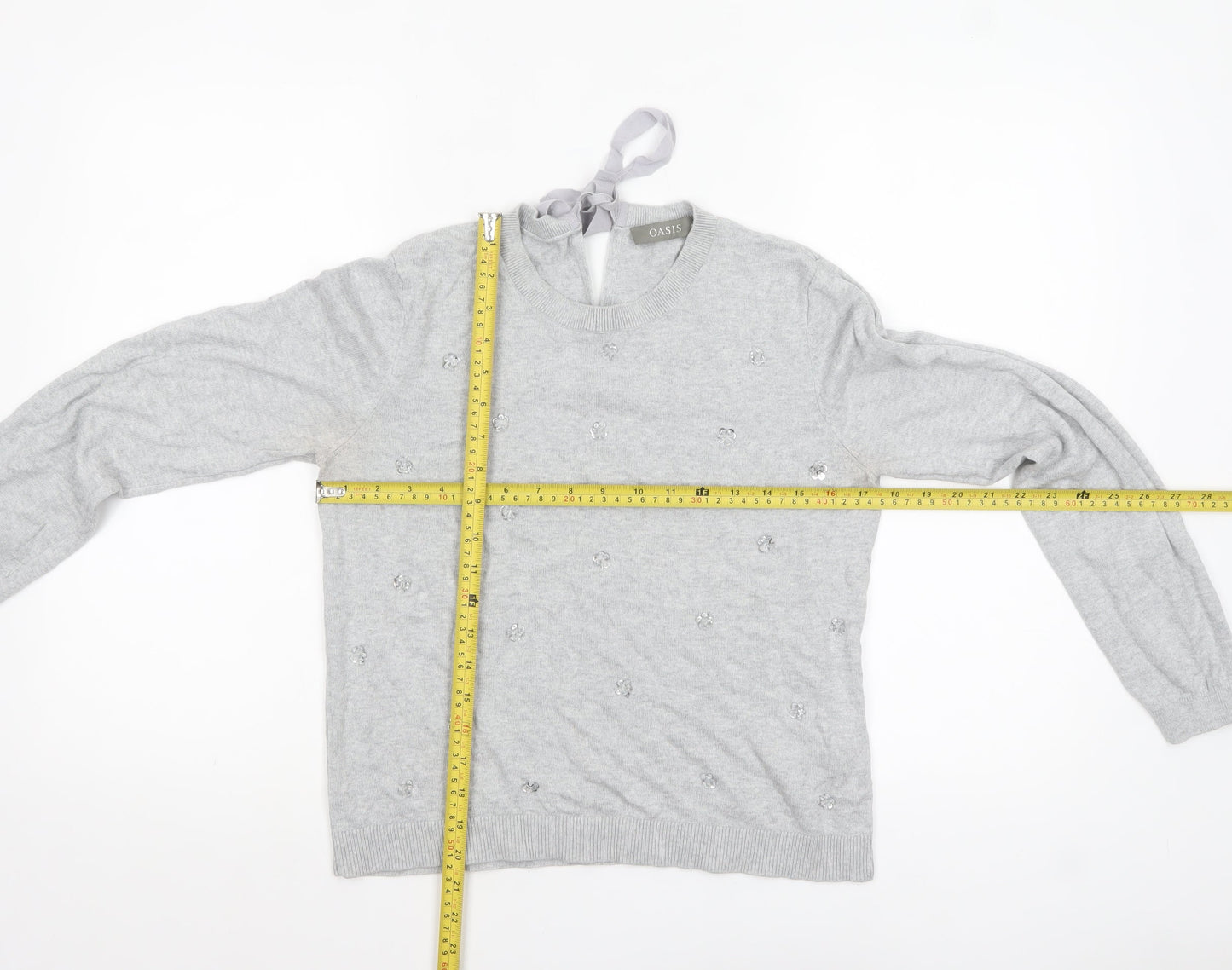 Oasis Women's Grey Beaded Bow Knit Pullover Jumper Size M