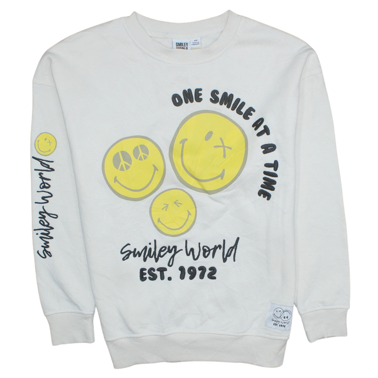 Smiley World Womens White XS Pullover Sweatshirt with Graphic Print