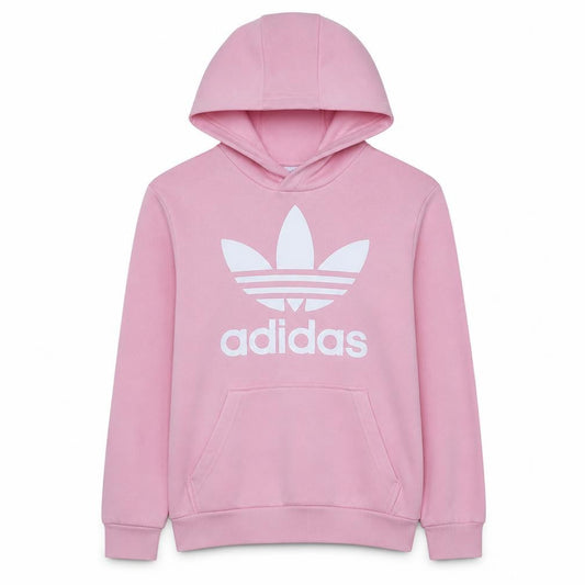 Front view of Adidas girls’ pink hoodie 13-14 years pullover logo fleece sweatshirt