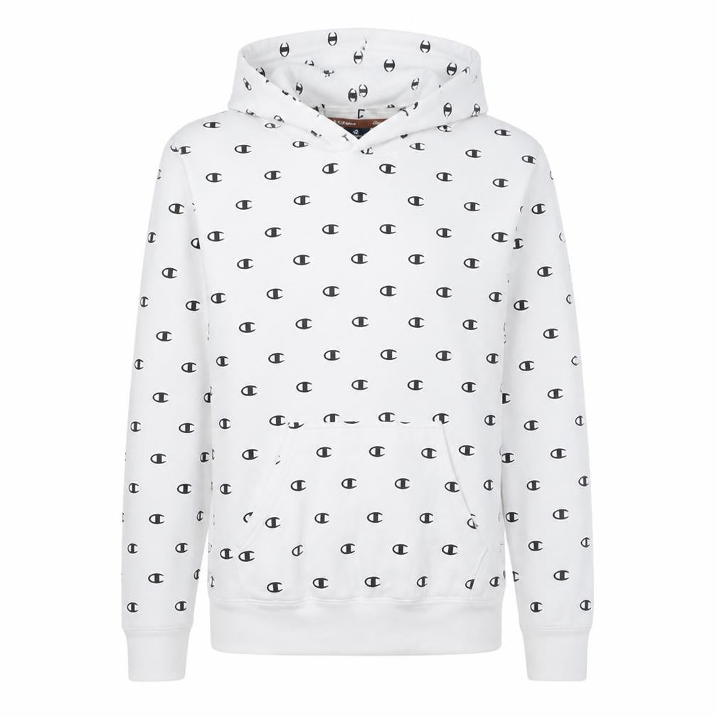 Champion Men's White Pullover Hoodie Medium Logo Print Cotton Blend