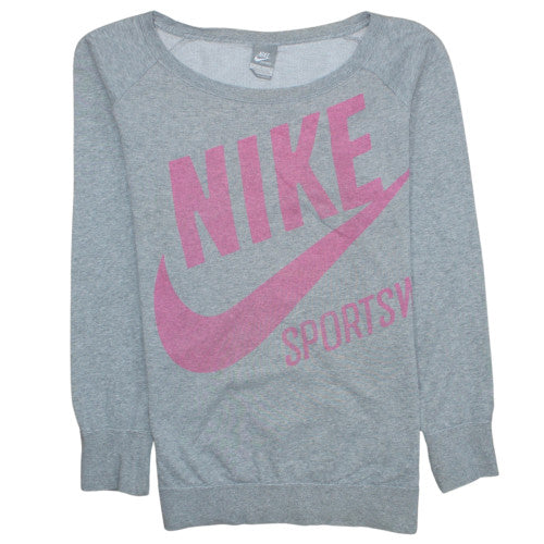 Nike Womens Grey Pink Logo Pullover Sweatshirt Size L