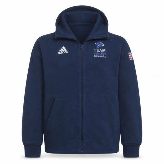 Front view of Adidas boys’ navy full zip hoodie team evolution alpine racing, size 164