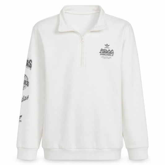 Front view of Adidas boys’ white 1/2 zip fleece sweatshirt 15-16 years originals logo