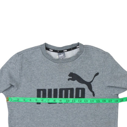 Close-up detail of Puma boys’ grey logo pullover sweatshirt 13-14 years fleece regular fit