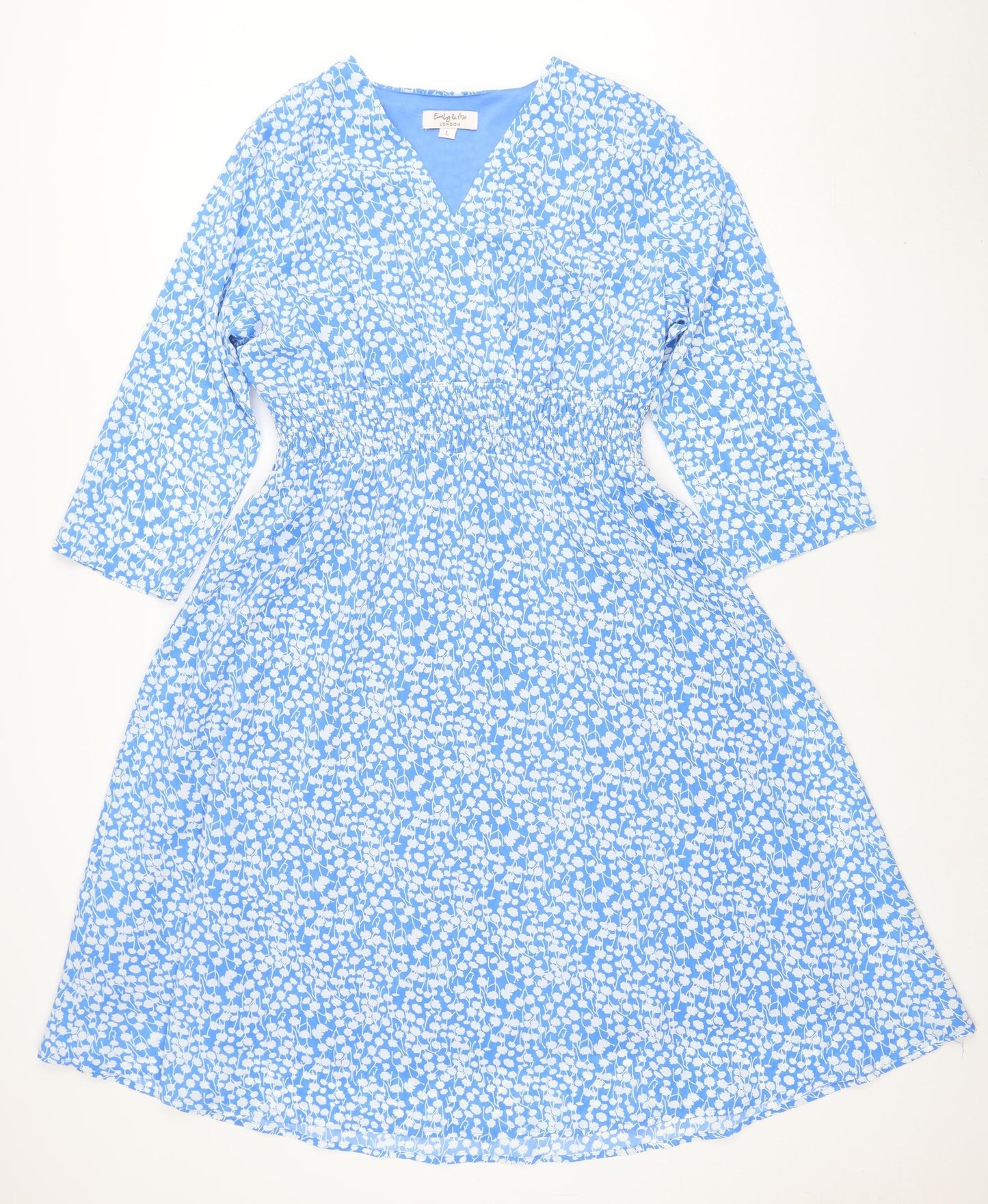 Emily & Me London Blue Floral V-Neck Ruched Wrap Women’s Dress L