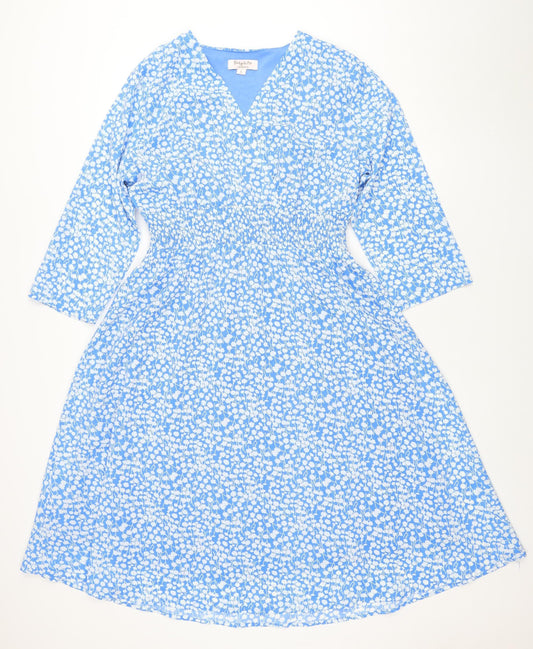 Emily & Me London Blue Floral V-Neck Ruched Wrap Women’s Dress L