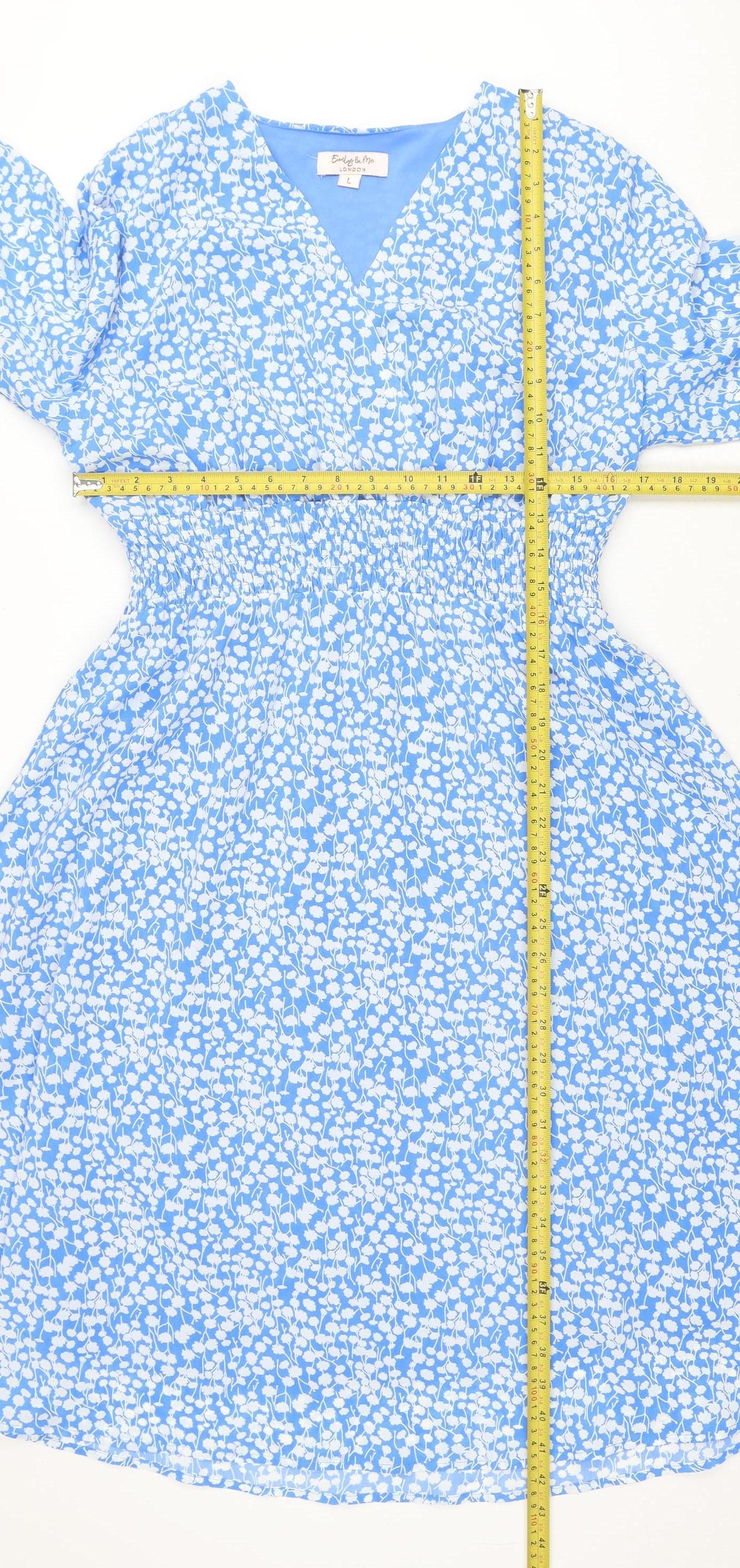 Emily & Me London Blue Floral V-Neck Ruched Wrap Women’s Dress L