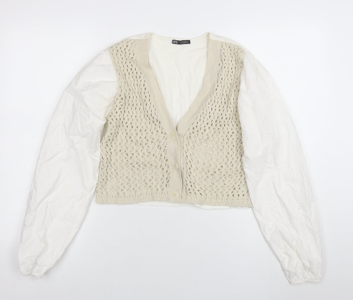 ZARA Women’s Ivory Open-Knit V-Neck Cardigan Size S