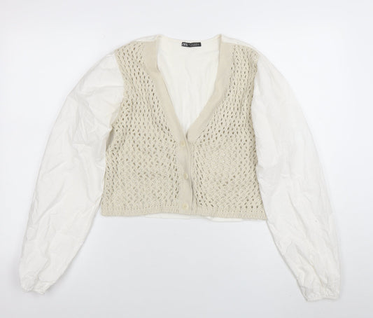 ZARA Women’s Ivory Open-Knit V-Neck Cardigan Size S