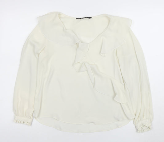 Zara Women Ivory Ruffle Long Sleeve Chiffon Blouse Size S