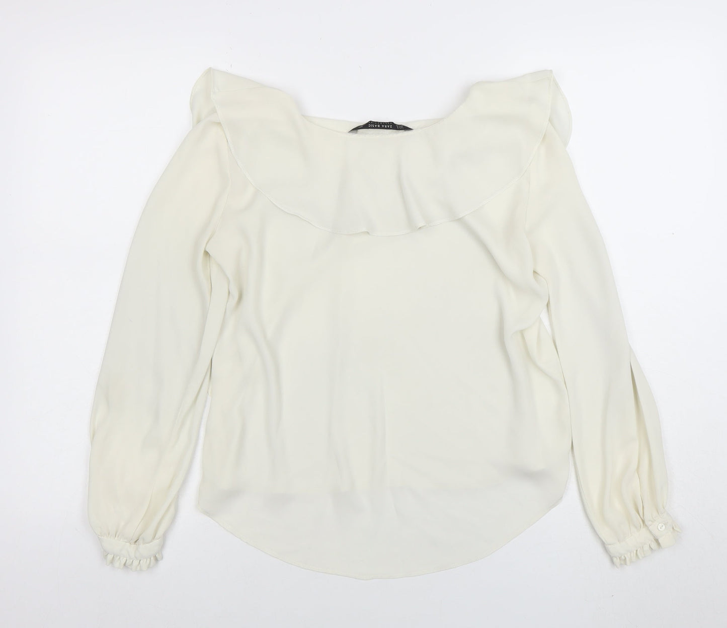 Zara Women Ivory Ruffle Long Sleeve Chiffon Blouse Size S