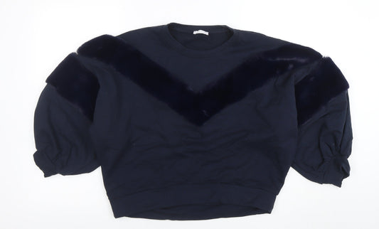 Funky Fun Women Blue Faux Fur Trim Pullover Sweatshirt Size 14