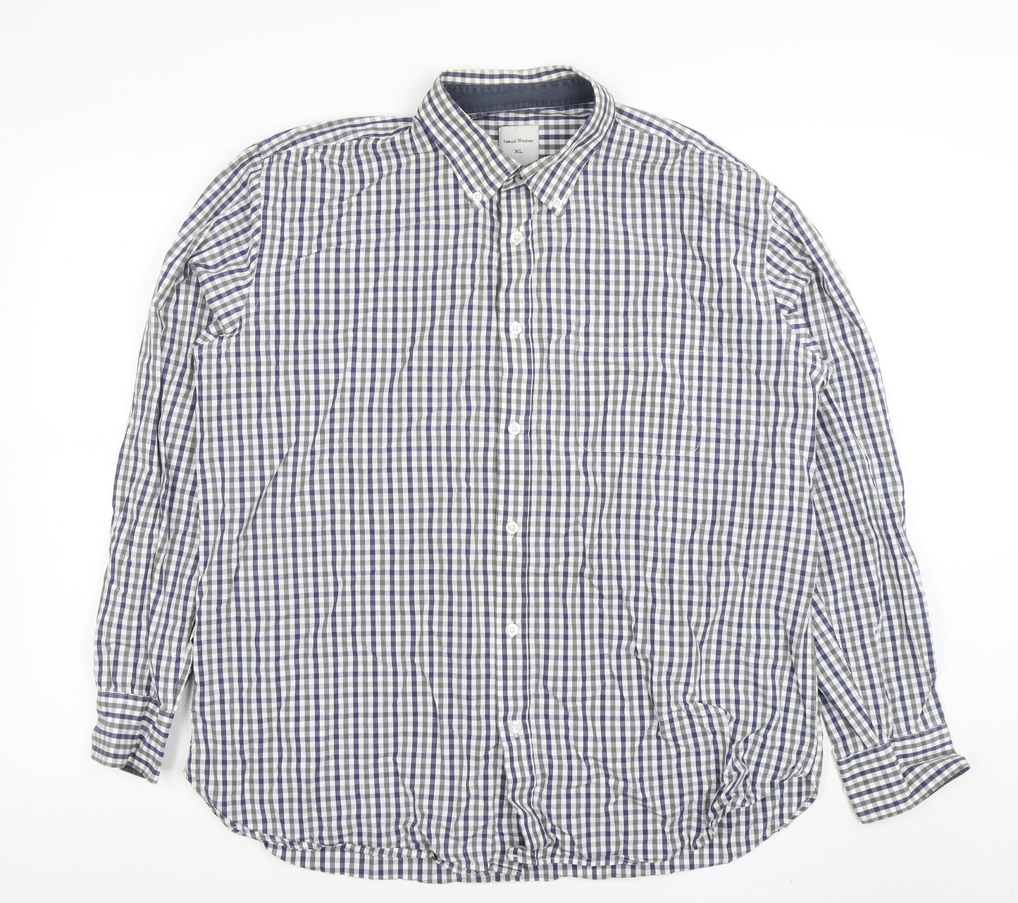 Samuel Windsor Men's Blue Check Long Sleeve Cotton Button-Up Shirt XL