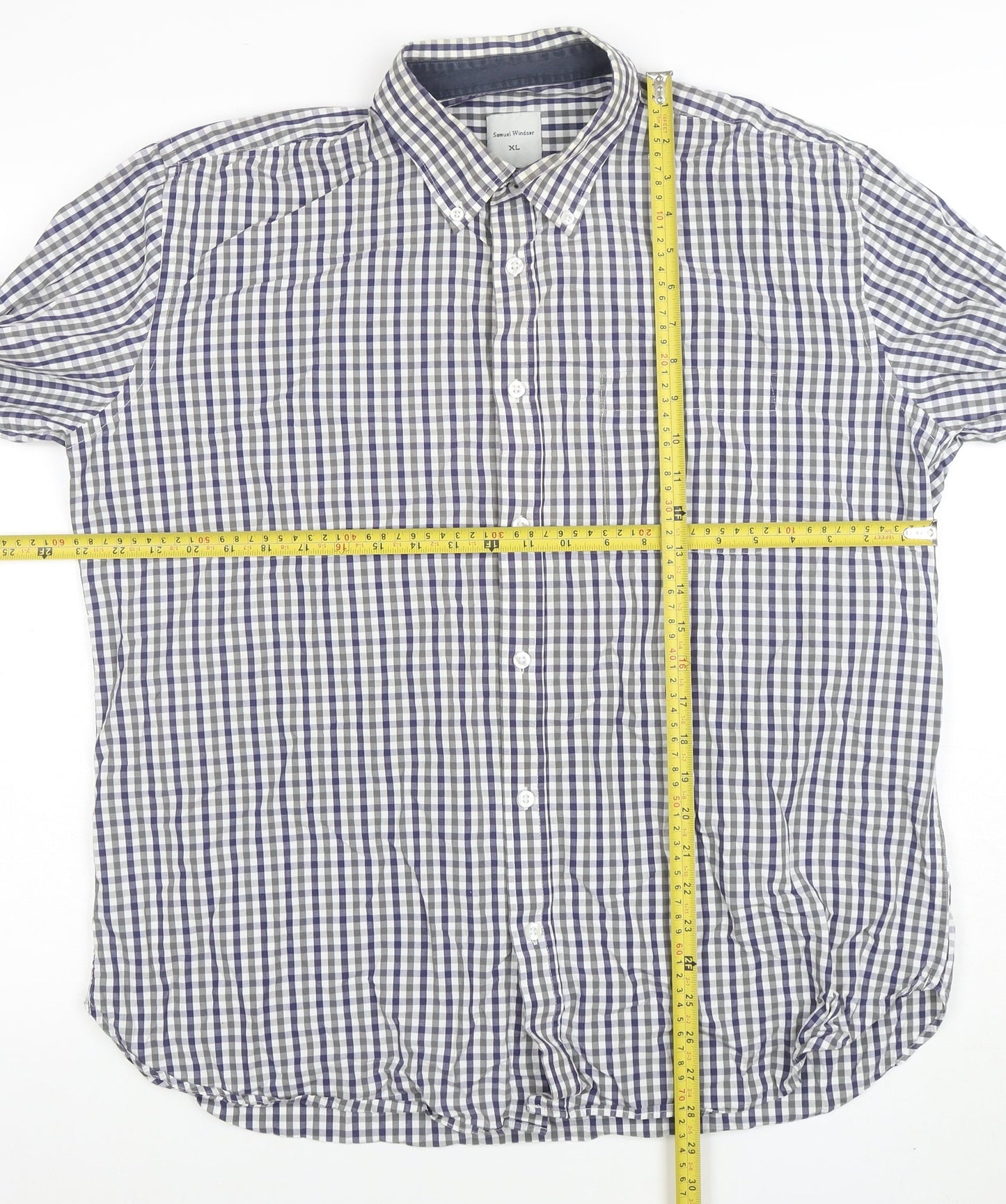 Samuel Windsor Men's Blue Check Long Sleeve Cotton Button-Up Shirt XL