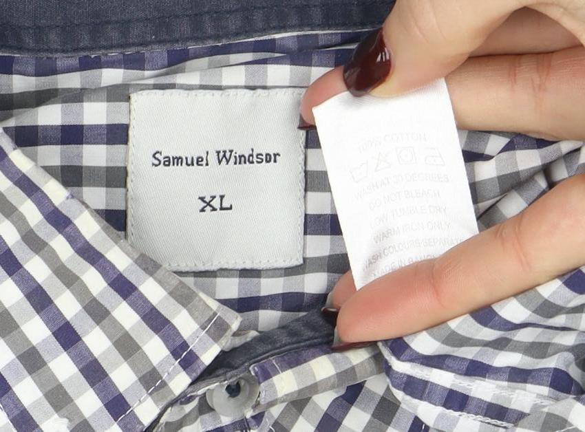 Samuel Windsor Men's Blue Check Long Sleeve Cotton Button-Up Shirt XL