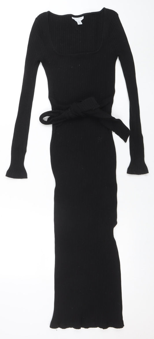 Topshop Women Black Bodycon Ribbed Midi Dress Size 8 Long Sleeve