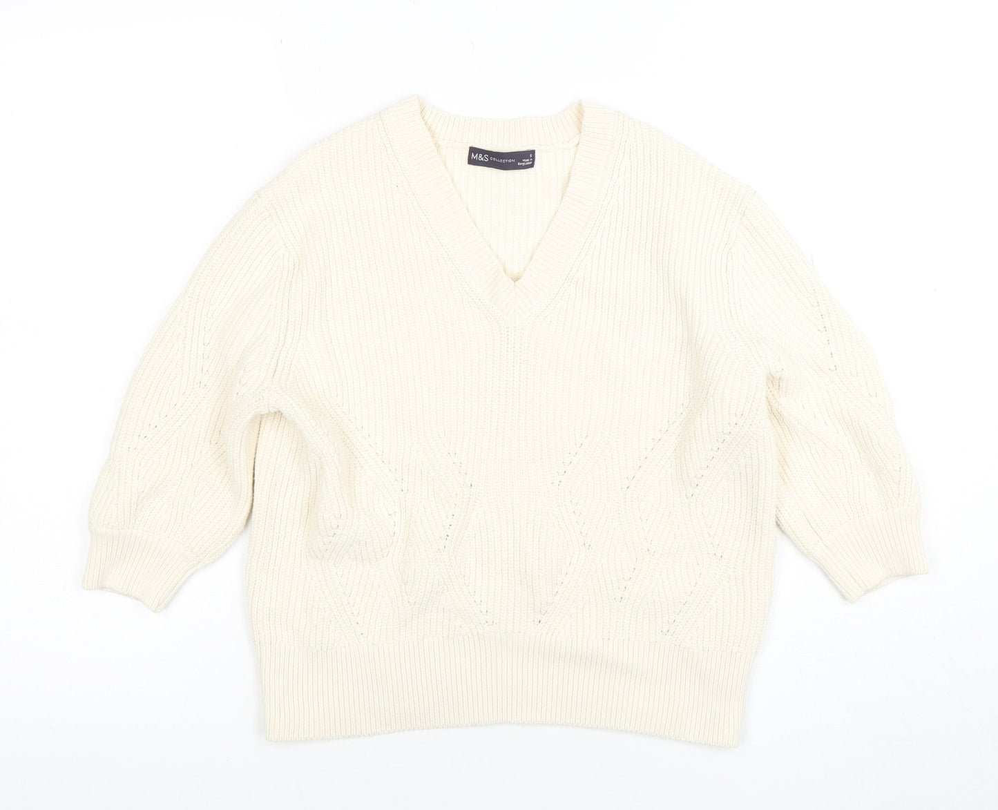 Marks and Spencer Women's Ivory V-Neck Cable-Knit Jumper Size S